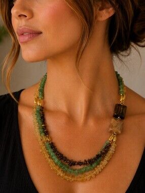 VTG Aventurine Tiger Eye Citrine Chip Bead Layered Torsade Necklace